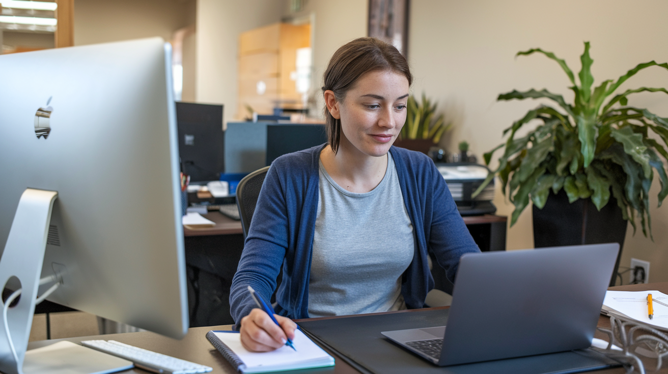 a-photo-of-a-woman-sitting-at-a-desk-in-_OK7ql1S6RKW6fv4uXndJgw_ocbr1vWfQSGBNdzvKCBU8g A photo of a woman sitting on a desk inside of her office.